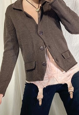 Vintage Knit Cardigan Y2K Preppy Jumper in Brown