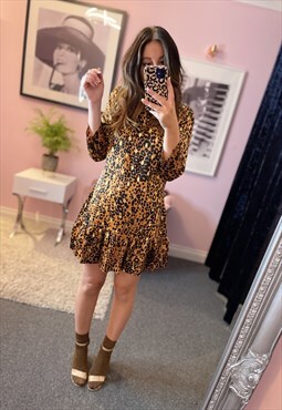 Chloe 3/4 Sleeve Hem Detail Mini Dress Orange Leopard Gold