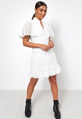 WHITE BRODERIE ANGLAISE ANGEL SLEEVE DRESS