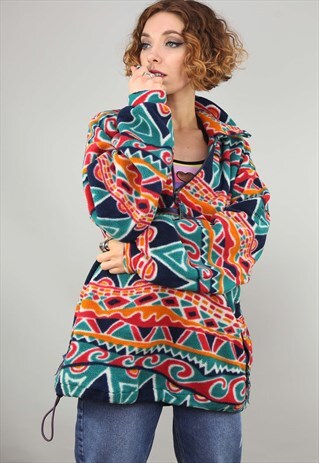 VINTAGE 90S OVERSIZED COLOURFUL PATTERNED 1/4 ZIP FLEECE