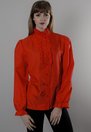 VINTAGE 80S RED TEXTURED RUFFLE HIGH NECK BLOUSE TOP