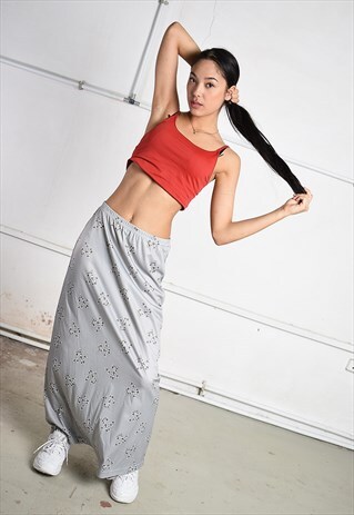 VINTAGE 90S FESTIVAL MAXI SKIRT IN GREY WITH FLORAL PRINT