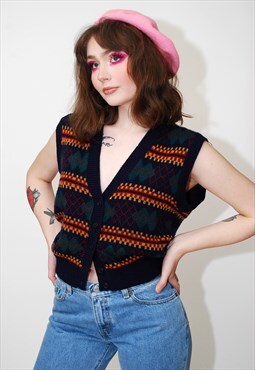 Geometric Sweater Vest (S) vintage 80s navy jumper argyle