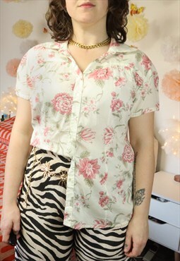 Retro 90s Pink Pastel Floral Flowery Flowers V Shirt Blouse