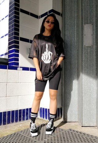 SKELETON GRAPHIC JERSEY T-SHIRT MIDDLE FINGER