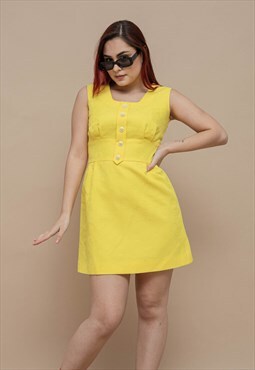 Vintage 60s Square Neck Sleeveless Textured Mini Dres S