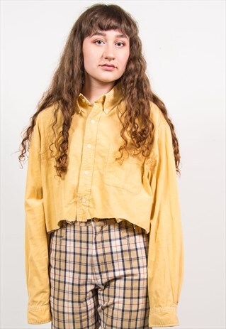 VINTAGE 90'S CROPPED MUSTARD CORD LONG SLEEVE SHIRT