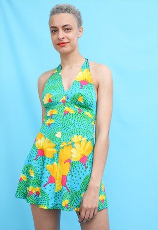70S VINTAGE MINT BLUE FLORAL PSYCHEDELIC MINI DRESS