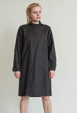 Vintage 70s High Neck Double Breasted Wool Dress in Stripe 