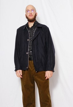 Vintage 90s Casual Dark Navy BUGATTI Faux Suede Jacket