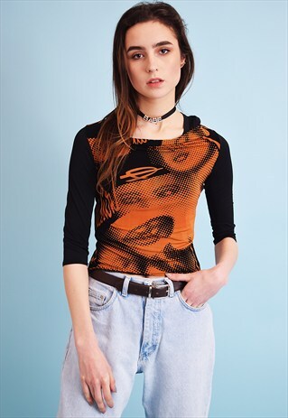 90'S RETRO ABSTRACT PRINT KITSCH LYCRA PARTY TOP BLOUSE