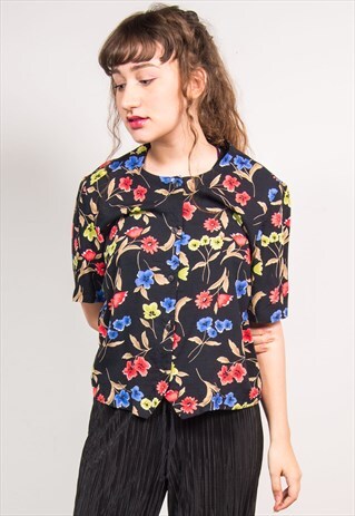 VINTAGE 90'S BLACK FLORAL PATTERN COLLARLESS BLOUSE SHIRT