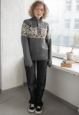 Vintage 80's Grey Knitted High Collar Jumper