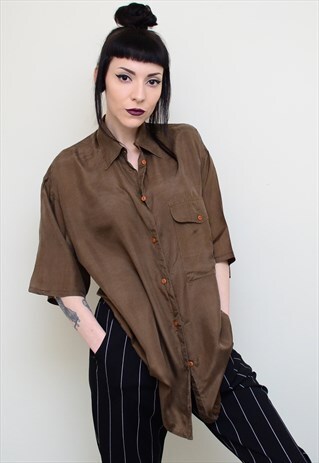 VINTAGE 90'S GENUINE SILK BROWN OVERSIZED SHIRT