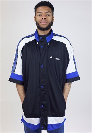 VINTAGE CHAMPION BLACK/BLUE/WHITE BUTTON-UP 90'S SWEATSHIRT