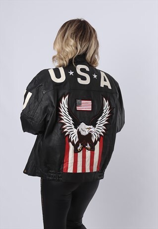 LEATHER BOMBER USA BOYFRIEND JACKET OVERSIZED UK 16 (CXC)