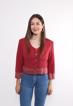 90s linen crop blazer in red, vintage shoulder pads jacket