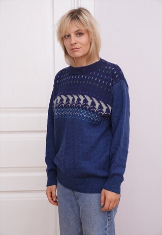 90'S VINTAGE WOOL BLEND KNIT JUMPER WITH DOLPHINS IN BLUE