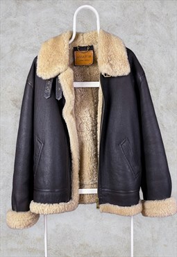 Vintage Aviator Brown Leather Jacket Shearling Sheepskin XXL