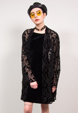 90'S BLACK SHEER VELVET FLORAL GLITTERY KIMONO JACKET
