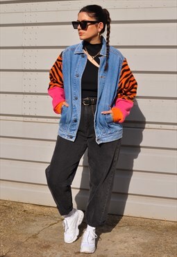 vintage 00's  reworked tiger pink fleece sleeve denim jacket