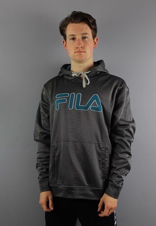 VINTAGE FILA HOODIE IN GREY WITH EMBROIDERED LOGO AND POUCH