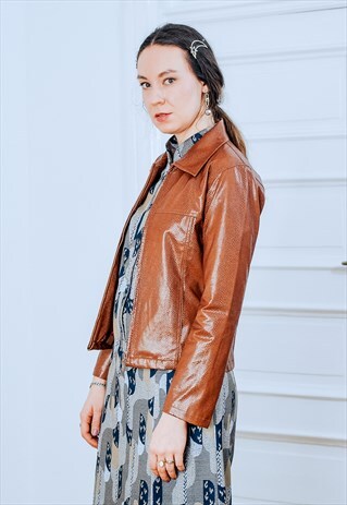 FAUX LEATHER JACKET VINTAGE SNAKESKIN BROWN FULL ZIP S