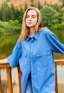 Vintage 80's Blue Light Striped Short Sleeve Shirt  