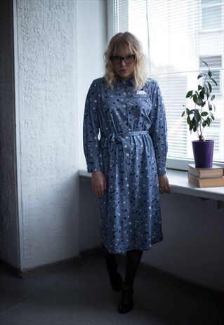 VINTAGE 80'S BLUE/WHITE PATTERNED MIDI DRESS