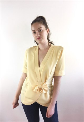 WOMENS VINTAGE 80S BLOUSE YELLOW SHORT SLEEVED JACKET BOW