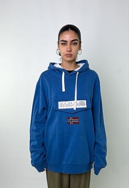 Blue 90s Napapijri Embroidered Spellout Hoodie Sweatshirt