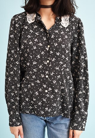 80'S RETRO RIBBON & DOT PRINT TRIMMED SHIRT TOP