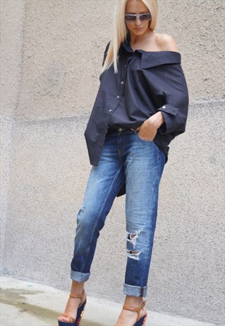 COTTON SHIRT OVERSIZED SHIRT CASUAL BLACK TOP F1495