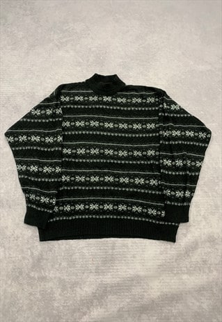 VINTAGE KNITTED JUMPER ABSTRACT PATTERNED GRANDAD SWEATER