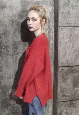 Side split wide sweater drop shoulder baggy knit jumper red