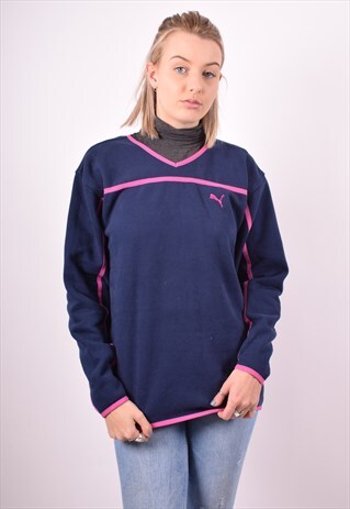 PUMA WOMENS VINTAGE SWEATSHIRT JUMPER LARGE NAVY BLUE 90S