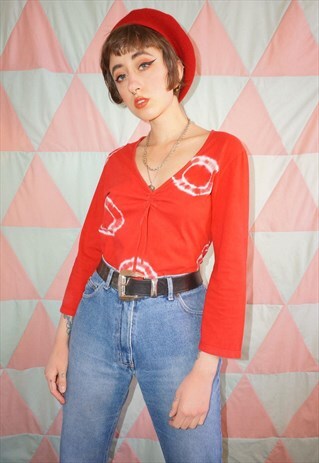 VINTAGE 90S / Y2K RED TIE DYE BOHO LONG SLEEVE TOP