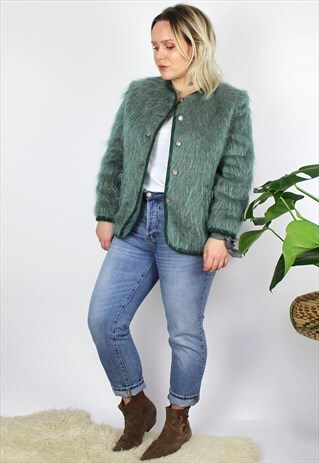 VINTAGE 1980'S SAGE GREEN BRUSHED FLUFFY WOOL MOHAIR JACKET