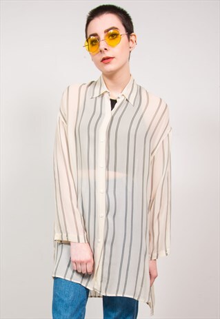 VINTAGE 90'S WHITE VERTICAL STRIPED LONG SHEER SHIRT