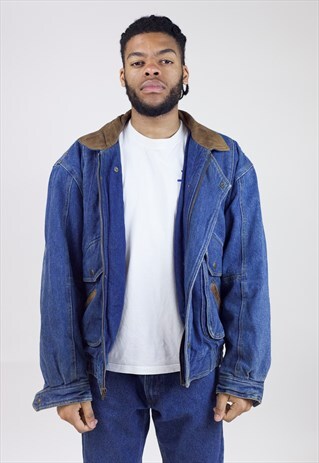 VINTAGE 90S HEAVY LEATHER COLLAR DENIM JACKET