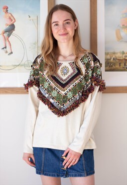 Cream long sleeve jumper with tassels and colorful details