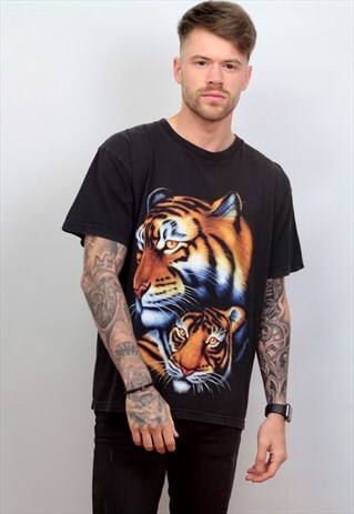 1990'S VINTAGE BLACK GRAPHIC 2-TONE TIGER PRINT T-SHIRT