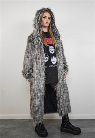 Long shaggy fur coat striped collarless festival trench grey