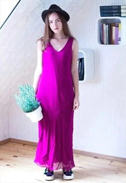Bright purple maxi sleeveless dress with frill at the back