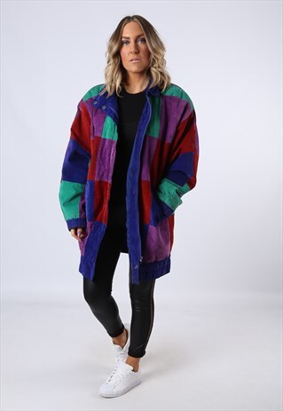 SUEDE JACKET LONG PATTERNED COLOUR BLOCK VINTAGE UK 14 (BTI)