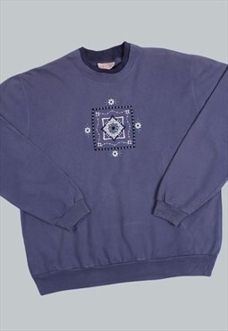 Vintage 90's Sweatshirt Blue Floral Jumper Large