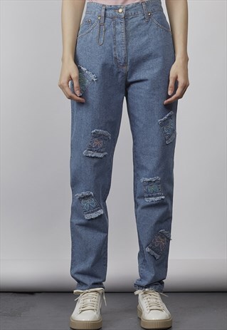 VINTAGE 80'S PATCHWORK BOW MOM JEANS