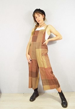 Patterned Dungarees Relaxed Fit 3/4 Length Brown Patchwork