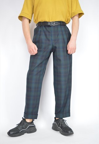 VINTAGE DARK GREEN CHECKERED CLASSIC STRAIGHT WOOL TROUSERS