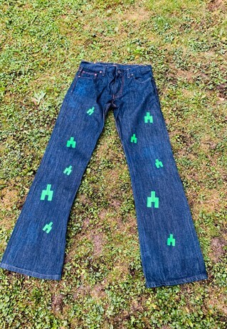 VINTAGE JEANS BLUE CUSTOM SPACE INVADERS NEON GREEN